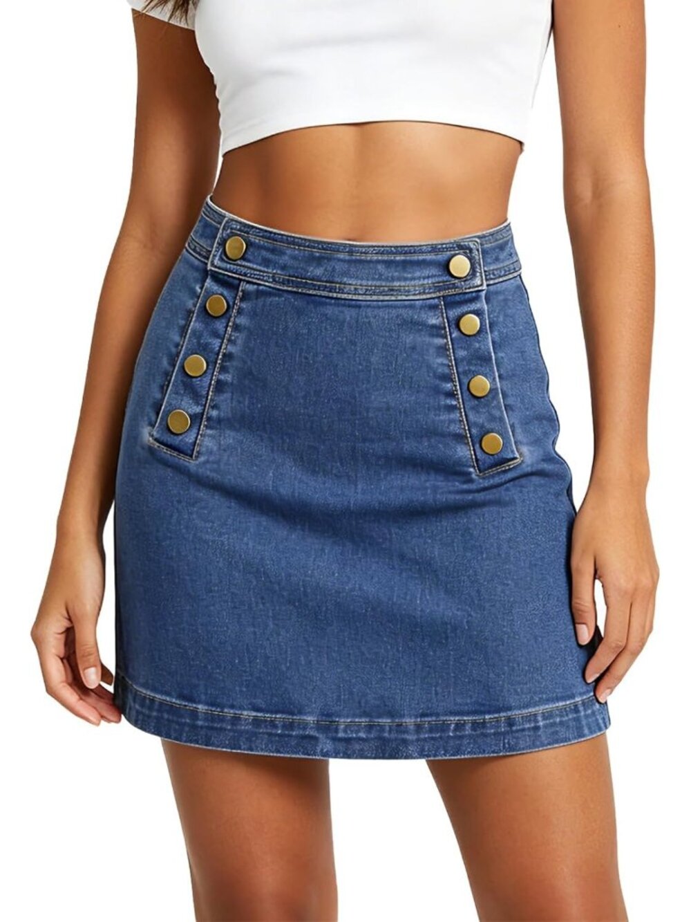 Women's Dark Blue High Waisted Button-Front Back Patch Pocket Denim Mini Skirts